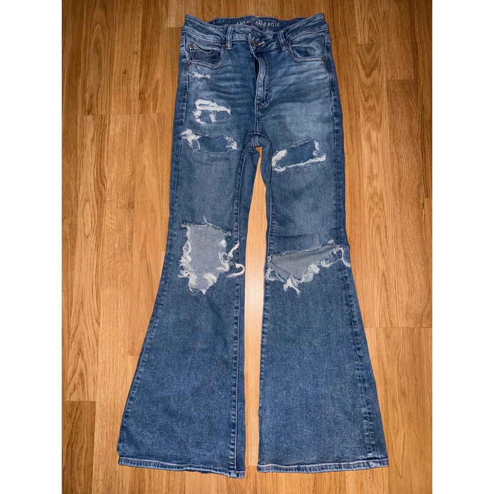 American Eagle Super Hi-Rise Flare Distressed Ripped Bell Jeans Blue Women Sz 8